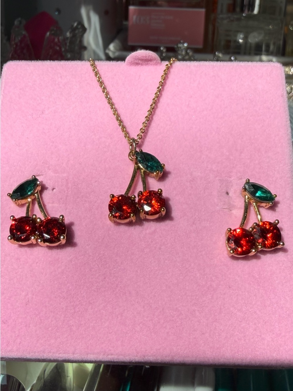 Kate Spade Gold Cherry Pendant Necklace & Earring Set with Red and Green Stones